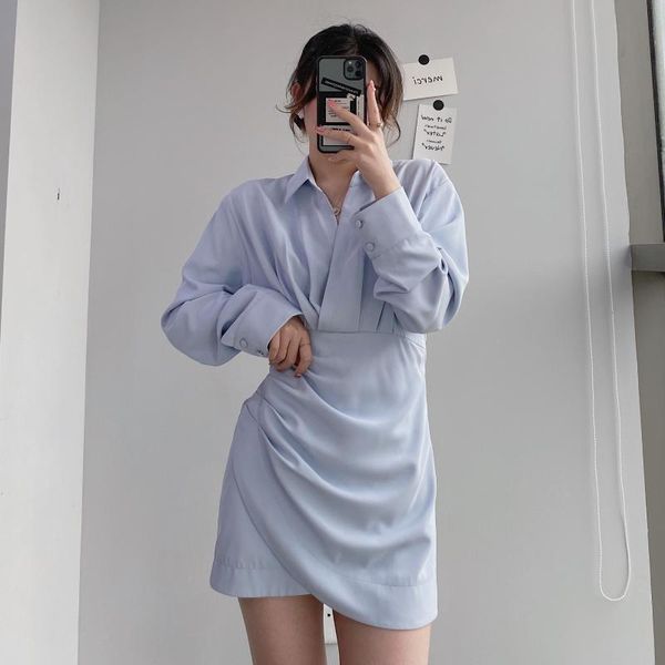 casual dresses 2021 summer korean style waist slim long-sleeved shirt dress women's design fold light blue short skirt, Black;gray
casual dresses 2021 summer korean style waist slim long-sleeved shirt dress women's design fold light blue short skirt, Black;gray
