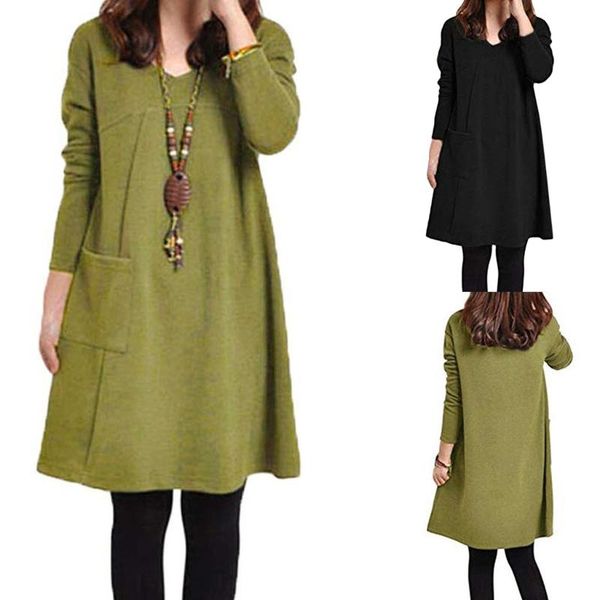 casual dresses woman dress vintage women clothing fashion solid v-neck loose pocket long sleeve robe femme vestidos, Black;gray
casual dresses woman dress vintage women clothing fashion solid v-neck loose pocket long sleeve robe femme vestidos, Black;gray
