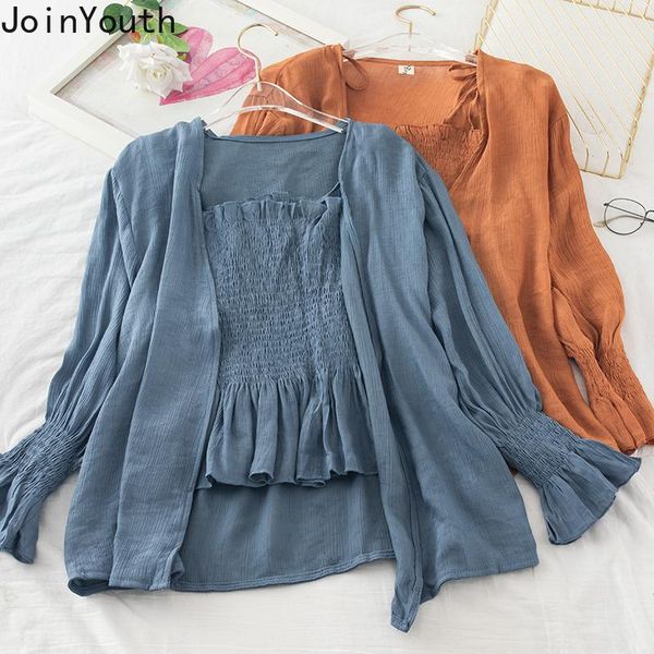 joinyouth women and blouses solid long sleeve shirts cardigan+lace up ruffles pleated sling female roupas two piece set women's &, White
joinyouth women and blouses solid long sleeve shirts cardigan+lace up ruffles pleated sling female roupas two piece set women's &, White