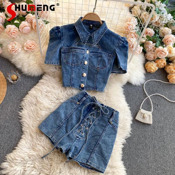 women's tracksuits 2021 summer hong kong fashion collar short sleeve cropped denim high waist lace-up shorts two-piece sets, Gray
women's tracksuits 2021 summer hong kong fashion collar short sleeve cropped denim high waist lace-up shorts two-piece sets, Gray