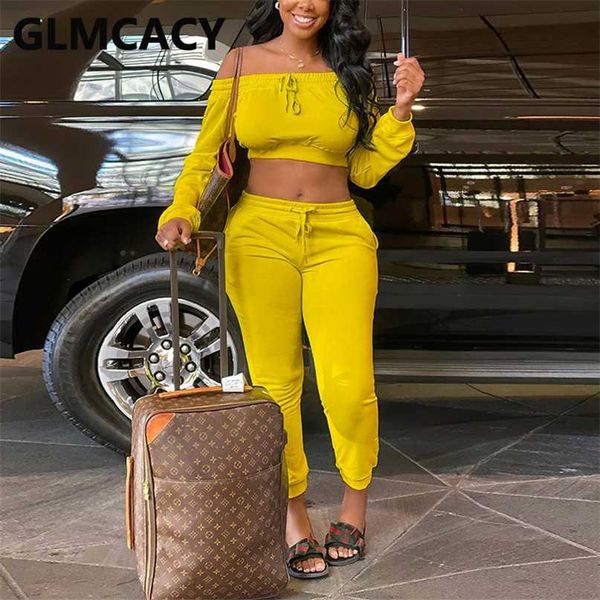 women slash neck crop and drawstring long pants set casual two piece tracksuits 211105, White
women slash neck crop and drawstring long pants set casual two piece tracksuits 211105, White