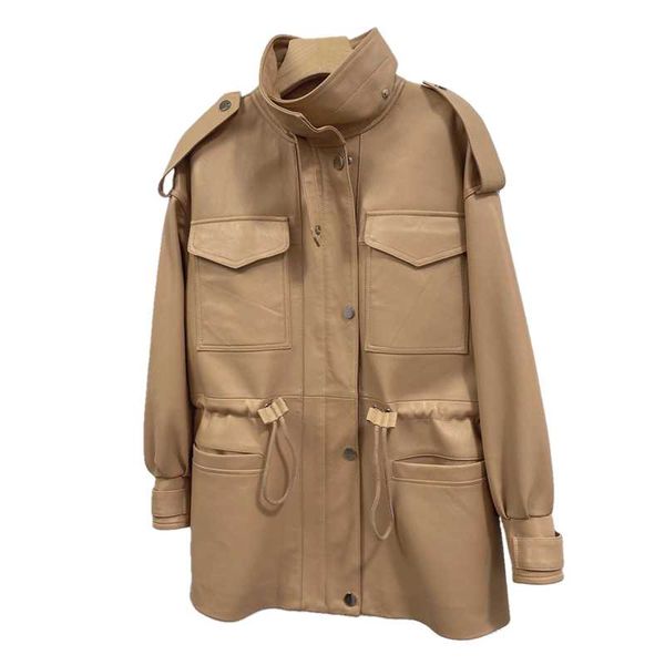 women's leather & faux genuine long jacket women slim stand collar multi-pocket cargo coat vintage casual sheepskin coats female, Black
women's leather & faux genuine long jacket women slim stand collar multi-pocket cargo coat vintage casual sheepskin coats female, Black