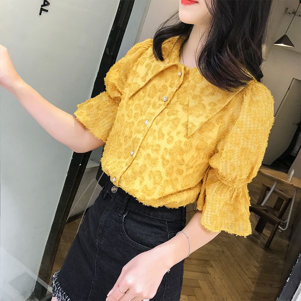 new summer yellow flower chiffon shirt female flare sleeve women blouse elegant lace blusa, White
new summer yellow flower chiffon shirt female flare sleeve women blouse elegant lace blusa, White