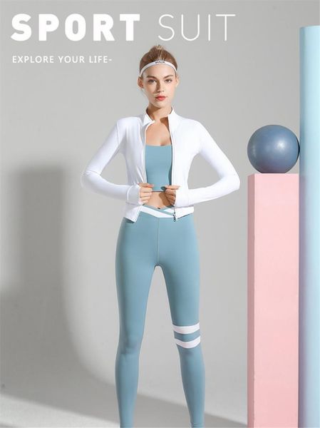 women 3 pcs compression sportswear suit fitness gym clothing knit jacket halter bra high waist trousers workout running set, White;black
women 3 pcs compression sportswear suit fitness gym clothing knit jacket halter bra high waist trousers workout running set, White;black