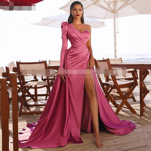 fuchsia mermaid high side split prom dresses with long train one shoulder one long sleeve evening gown satin pleated formal dress, Black;red
fuchsia mermaid high side split prom dresses with long train one shoulder one long sleeve evening gown satin pleated formal dress, Black;red