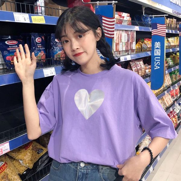 women's t-shirt short sleeve women tees korean personality laser love heart print purple t- shirt wild loose female, White
women's t-shirt short sleeve women tees korean personality laser love heart print purple t- shirt wild loose female, White