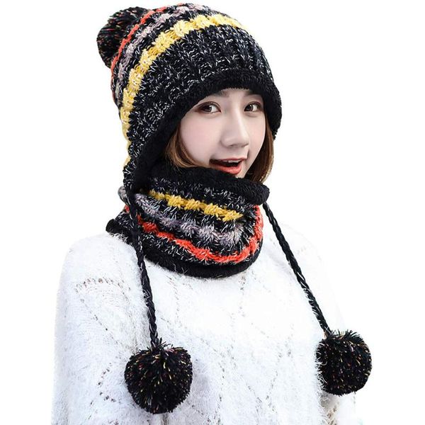 fleece lined women knit beanie scarf set girls winter warm ski hat with earflap pompom outdoor sport cycling caps & masks, Black
fleece lined women knit beanie scarf set girls winter warm ski hat with earflap pompom outdoor sport cycling caps & masks, Black