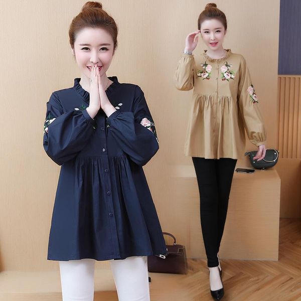 women's t-shirt 2021 spring and autumn large size ruffled collar loose slimming fashionable embroidered shirt, White
women's t-shirt 2021 spring and autumn large size ruffled collar loose slimming fashionable embroidered shirt, White