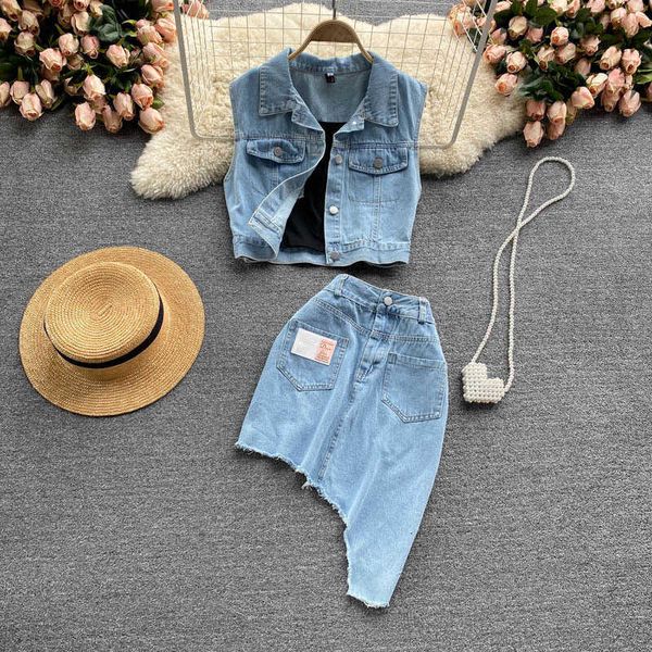 two piece dress -2 women's denim fabric, short vest with pocket and a row of buttons + high waist skirt, wear gshs, White
two piece dress -2 women's denim fabric, short vest with pocket and a row of buttons + high waist skirt, wear gshs, White