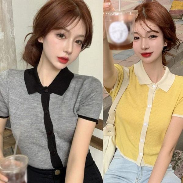 women's t-shirt summer women thin knitted cardigan turn-down collar fashion short sleeve patchwork tee shirt sun protection crop top, White
women's t-shirt summer women thin knitted cardigan turn-down collar fashion short sleeve patchwork tee shirt sun protection crop top, White