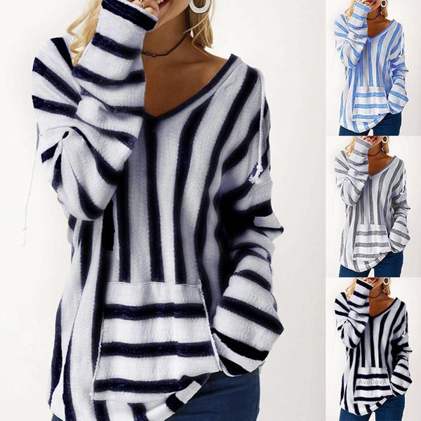 winter casual loose striped women sweater v neck long sleeve pullover top, White;black
