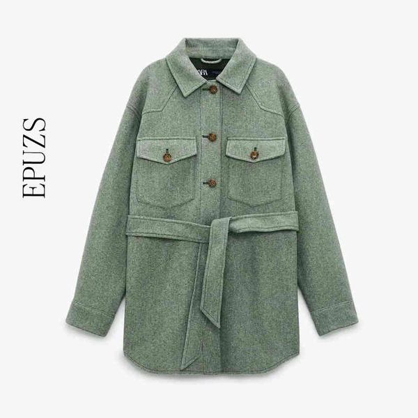 za women winter jacket with belt loose woolen jacket vintage long sleeve coat female green thick overcoat 210430, Black;brown
za women winter jacket with belt loose woolen jacket vintage long sleeve coat female green thick overcoat 210430, Black;brown