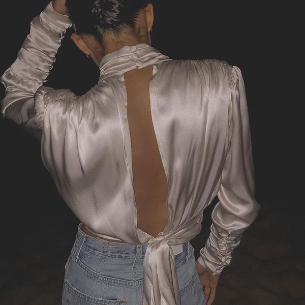 women's blouses & shirts lace up backless hollow out women blouse long sleeve turtleneck elegant silk satin ruched crop skinny aut, White
women's blouses & shirts lace up backless hollow out women blouse long sleeve turtleneck elegant silk satin ruched crop skinny aut, White