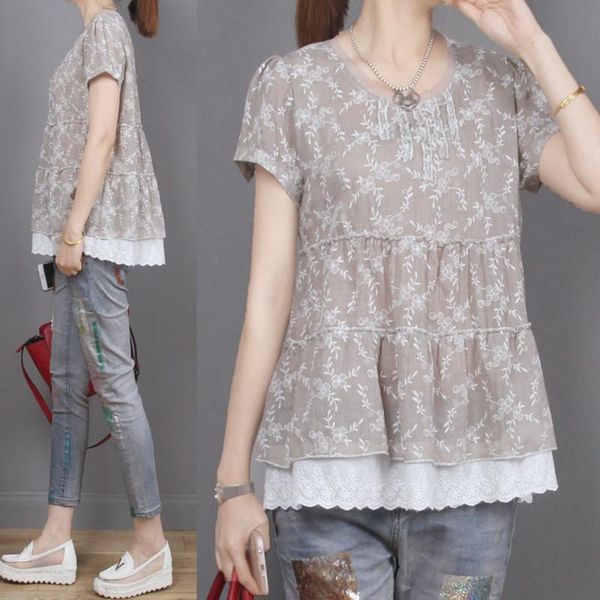 women's blouses & shirts summer casual sweet shirt women clothing short sleeved round neck floral embroidered cotton and linen blusas, White
women's blouses & shirts summer casual sweet shirt women clothing short sleeved round neck floral embroidered cotton and linen blusas, White
