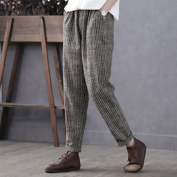 kog239 coffee korea line in accordance with retro literary new panty cotton and linen slacks female loose flax striped, Blue