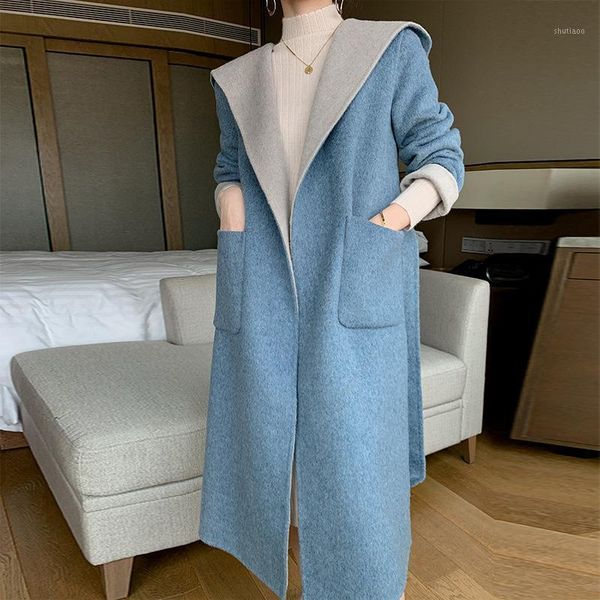 women's wool & blends double-sided coat in autumn and winter 2021 korean loose hooded belt, Black
women's wool & blends double-sided coat in autumn and winter 2021 korean loose hooded belt, Black