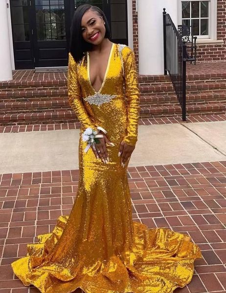2021 fashion gold sequins v neck mermaid prom dresses long sleeves sweep train beaded evening gowns, Black
2021 fashion gold sequins v neck mermaid prom dresses long sleeves sweep train beaded evening gowns, Black