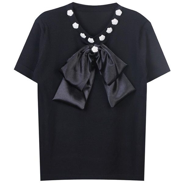 women's t-shirt summer 2021 big bow button collar slim round neck thin short-sleeved heavy beaded top, White
women's t-shirt summer 2021 big bow button collar slim round neck thin short-sleeved heavy beaded top, White