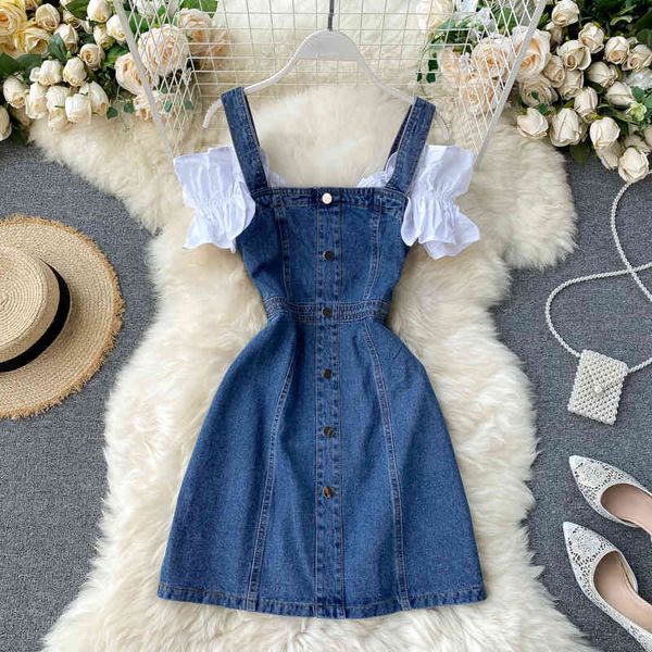 summer spaghetti strap puff sleeve detachable mini dress women casual female single breasted denim clothing 210513, Black;gray
summer spaghetti strap puff sleeve detachable mini dress women casual female single breasted denim clothing 210513, Black;gray