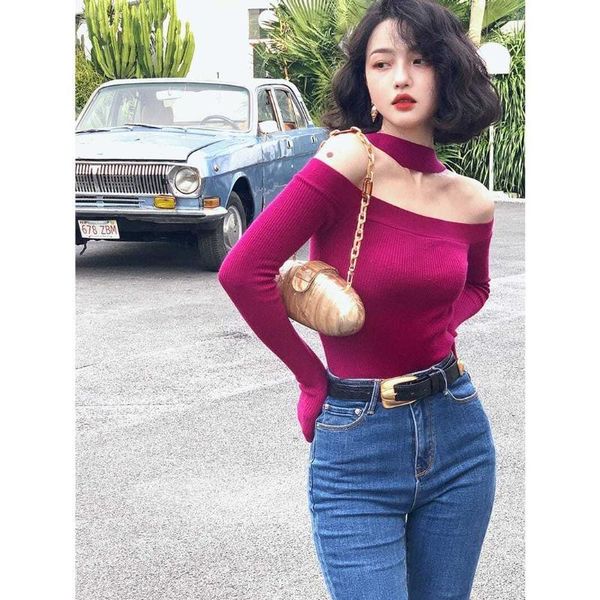 women's sweaters off shoulder halterneck long sleeve slim sweater chic high street slash neck knitting t shirt elegant basic jumper, White;black
women's sweaters off shoulder halterneck long sleeve slim sweater chic high street slash neck knitting t shirt elegant basic jumper, White;black