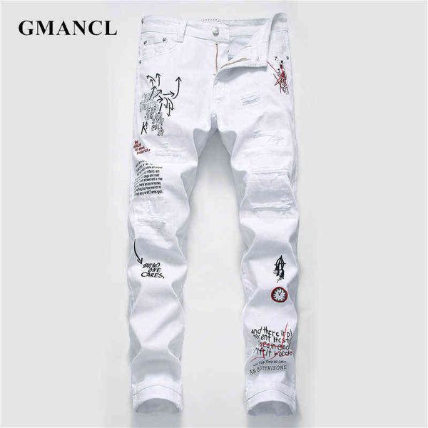 men streetwear personality ripped printed white skinny jeans hip hop punk casual motorcycle stretch denim jeans trousers 211120, Blue
men streetwear personality ripped printed white skinny jeans hip hop punk casual motorcycle stretch denim jeans trousers 211120, Blue