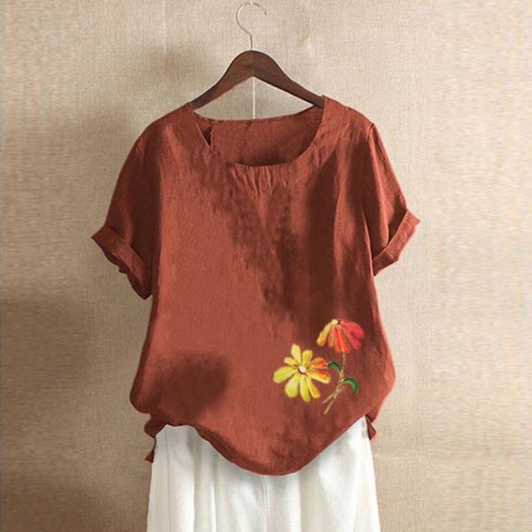 women's blouses & shirts summer for women 2021 blouse casual cotton and linen floral print short sleeve o-neck shirt plus size blus, White 
women's blouses & shirts summer for women 2021 blouse casual cotton and linen floral print short sleeve o-neck shirt plus size blus, White