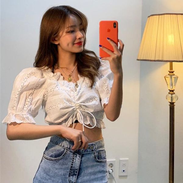 women's t-shirt korean chic temperament v-neck crocheted hollow out pleating knotted short leaking navel puff sleeve shirt female, White
women's t-shirt korean chic temperament v-neck crocheted hollow out pleating knotted short leaking navel puff sleeve shirt female, White