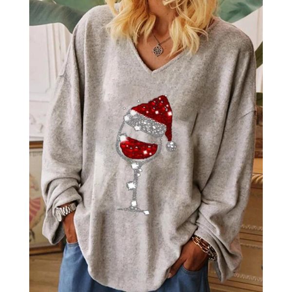 christmas print autumn and winter new long-sleeved christmas wine glass v-neck t-shirt, White
christmas print autumn and winter new long-sleeved christmas wine glass v-neck t-shirt, White