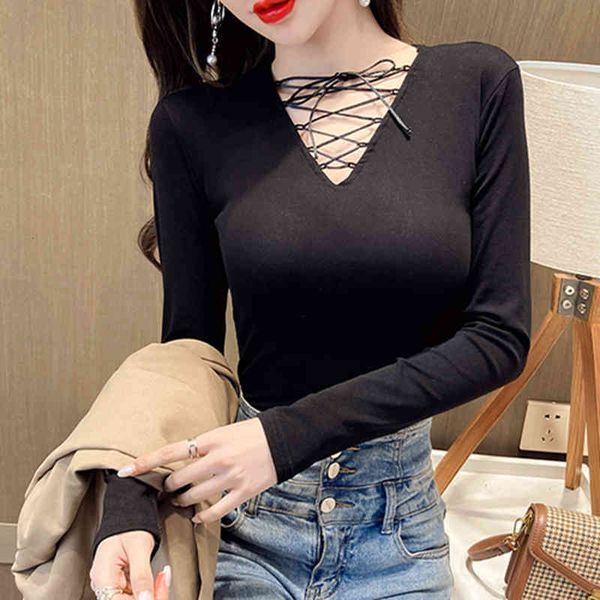 women's t-shirt spring summer cotton short european clothes girls lace up hollow out women long sleeve tees 2021 t12110a, White 
women's t-shirt spring summer cotton short european clothes girls lace up hollow out women long sleeve tees 2021 t12110a, White
