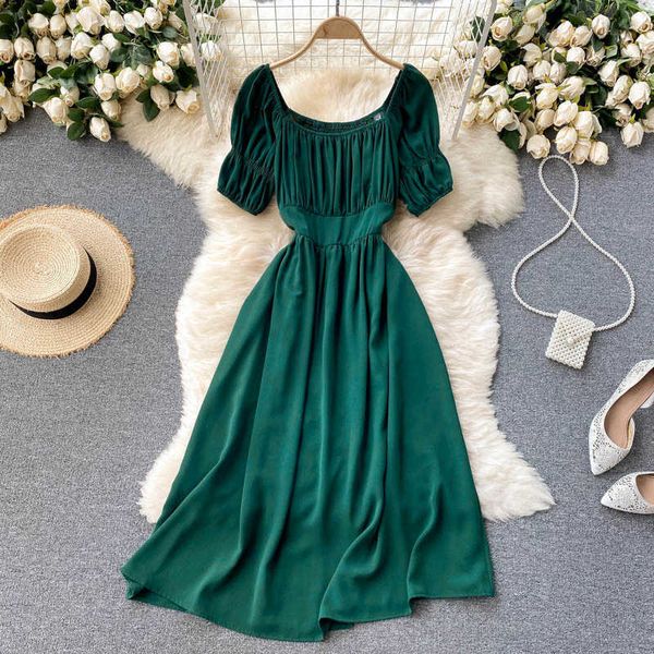 green/pink/red square collar draped dress women elegant short sleeve high waist a-line pleated vestidos female summer 2021 new y0603, Black;gray
green/pink/red square collar draped dress women elegant short sleeve high waist a-line pleated vestidos female summer 2021 new y0603, Black;gray