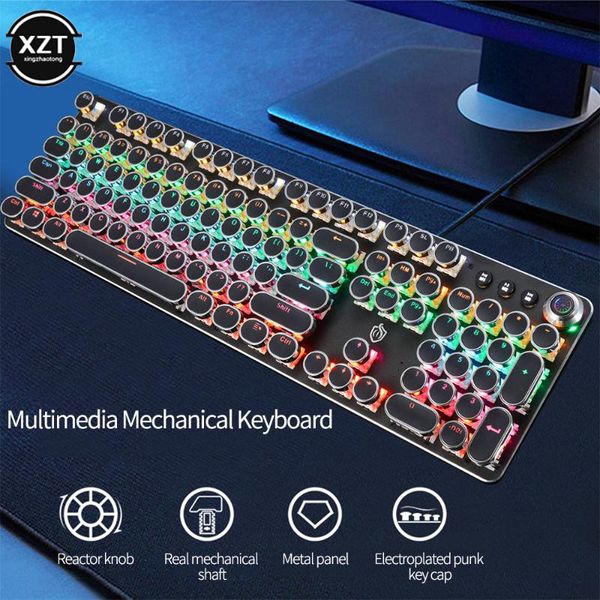 keyboards gaming mechanical keyboard retro punk usb wired led 23 mode rgb backlit switch 104 keys full keypad green axis for computer game 
keyboards gaming mechanical keyboard retro punk usb wired led 23 mode rgb backlit switch 104 keys full keypad green axis for computer game