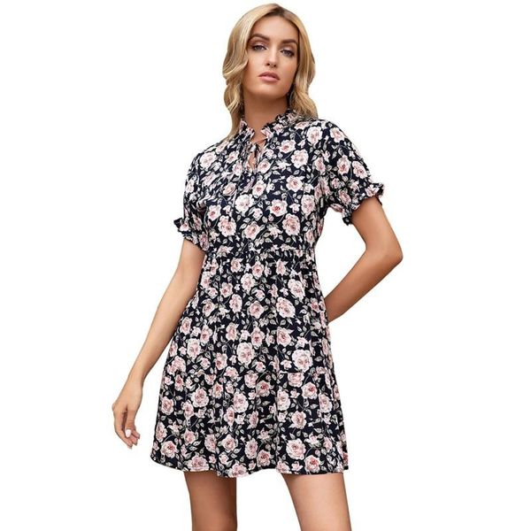 summer style european and american women floral print short-sleeved dress with wood ears women's swimwear, White;black
summer style european and american women floral print short-sleeved dress with wood ears women's swimwear, White;black