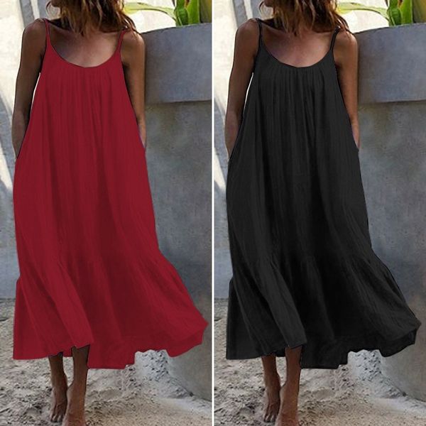 color sleeveless solid new long skirt style ruffle loose thin shoulder belt summer dress, White;black
color sleeveless solid new long skirt style ruffle loose thin shoulder belt summer dress, White;black