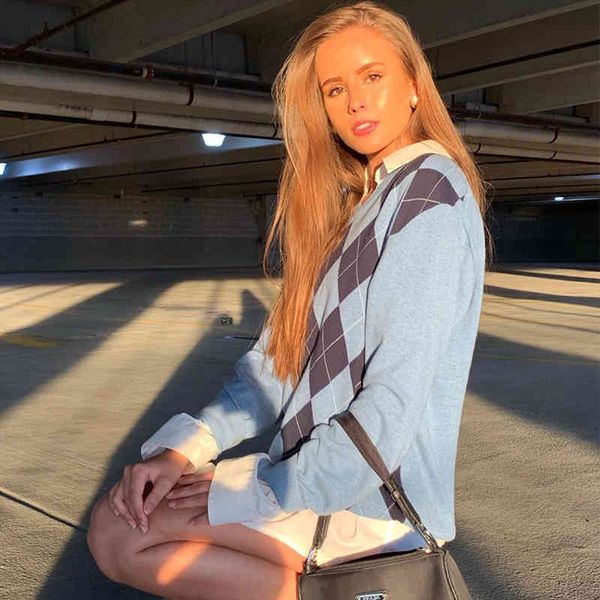 sweaters v neck black with blue argyle casual long sleeve hem tightening pullover winter women preppy style sweater, White;black
sweaters v neck black with blue argyle casual long sleeve hem tightening pullover winter women preppy style sweater, White;black
