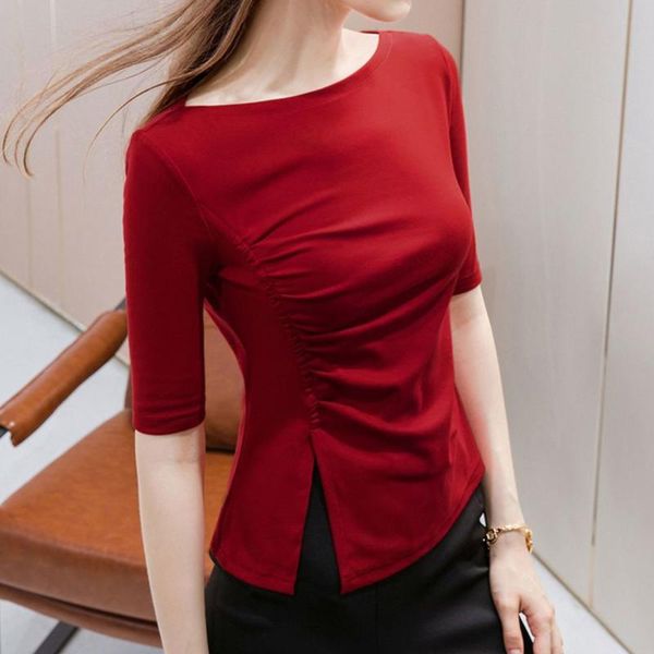 women's t-shirt five-point sleeve autumn 2021 slim one-line collar half-sleeve design sense irregular split top, White
women's t-shirt five-point sleeve autumn 2021 slim one-line collar half-sleeve design sense irregular split top, White