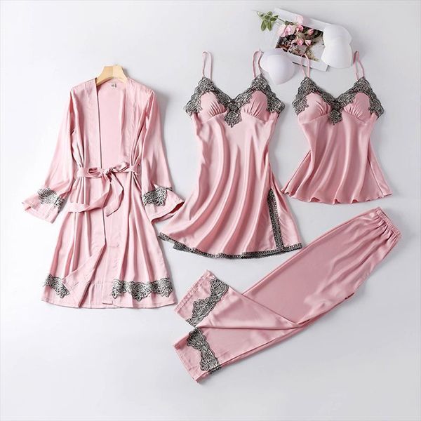 4 pieces pajamas sets women sleepwear faux silk elegant lace fashion spring autumn homewear, Black;red
4 pieces pajamas sets women sleepwear faux silk elegant lace fashion spring autumn homewear, Black;red