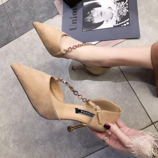 women's shoes spring 2021 fashion water drill metal chain one-word button slim-heeled shallow high-heeled dress, Black
women's shoes spring 2021 fashion water drill metal chain one-word button slim-heeled shallow high-heeled dress, Black