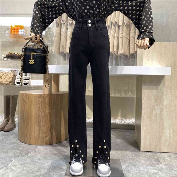 pant niche design split wide leg spring jeans two high waist trend drop straight pants, White 
pant niche design split wide leg spring jeans two high waist trend drop straight pants, White