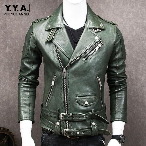 turn-down collar sheepskin motorcycle genuine leather jacket mens slim adjustable waist sequined real coat men's & faux, Black