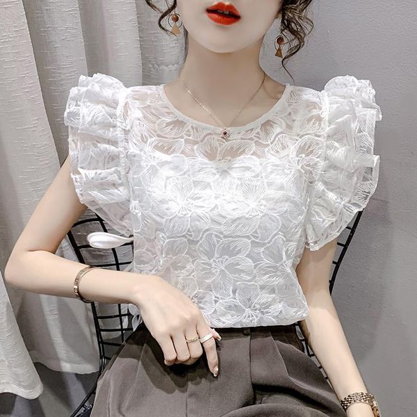 women's blouses & shirts fashion women 2021 summer ruffles lace hollow out perspective female clothing o-neck crop korean style, White
women's blouses & shirts fashion women 2021 summer ruffles lace hollow out perspective female clothing o-neck crop korean style, White