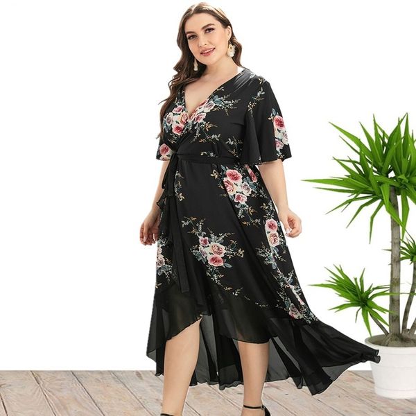 new autumn v-neck ruffled long sleeve irregular printed dress large size, Black
new autumn v-neck ruffled long sleeve irregular printed dress large size, Black