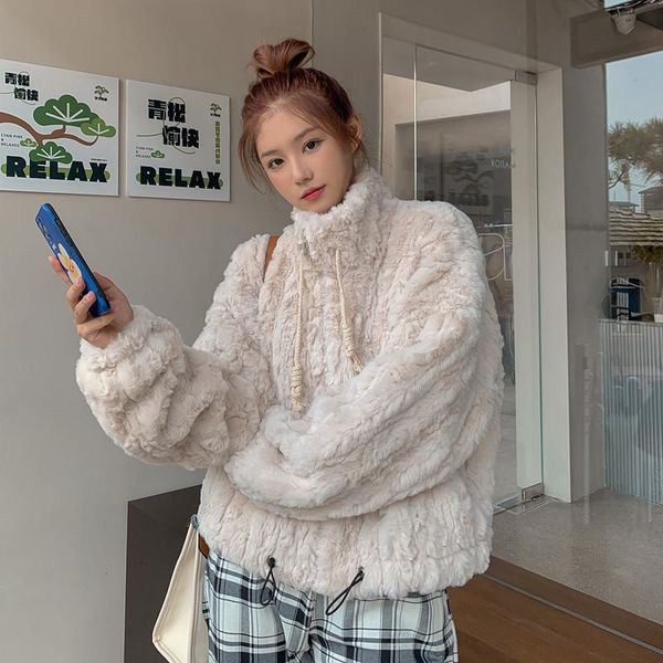 women's fur & faux winter women rex coat casual apricot light purple pink drawstring stand collar long sleeve female plush outwear, Black
women's fur & faux winter women rex coat casual apricot light purple pink drawstring stand collar long sleeve female plush outwear, Black