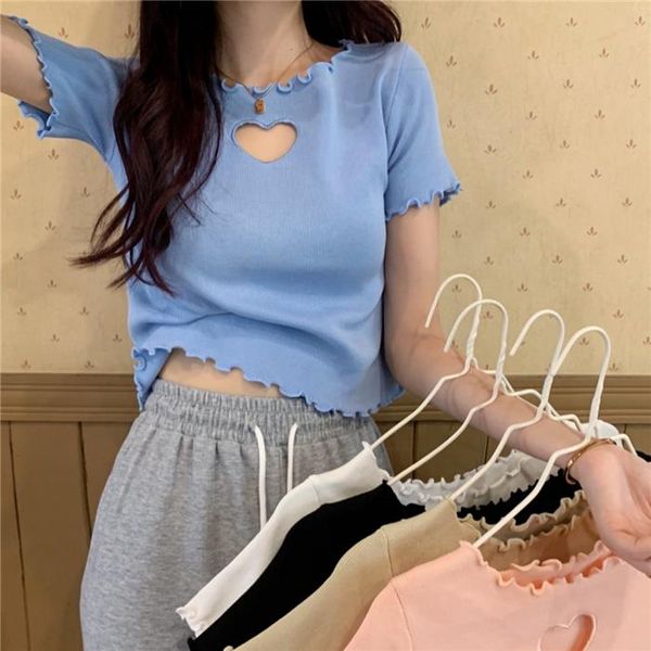 women's t-shirt summer slim solid color short-sleeved o neck love heart hollow out embroidered wood ear short section knitted women, White
women's t-shirt summer slim solid color short-sleeved o neck love heart hollow out embroidered wood ear short section knitted women, White