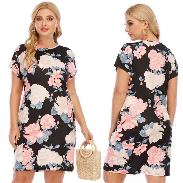 women's plus size large flower plant print simple short sleeve slim f200539