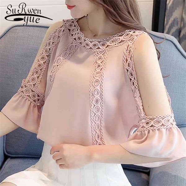 women blouses and summer fashion shoulder chiffon lady shirt trumpet flower openwork lace woman 3470 50 210521, White
women blouses and summer fashion shoulder chiffon lady shirt trumpet flower openwork lace woman 3470 50 210521, White