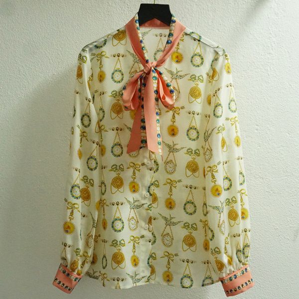 women's blouses & shirts 2021 spring female print bowtie 100% silk for woman c772, White
women's blouses & shirts 2021 spring female print bowtie 100% silk for woman c772, White