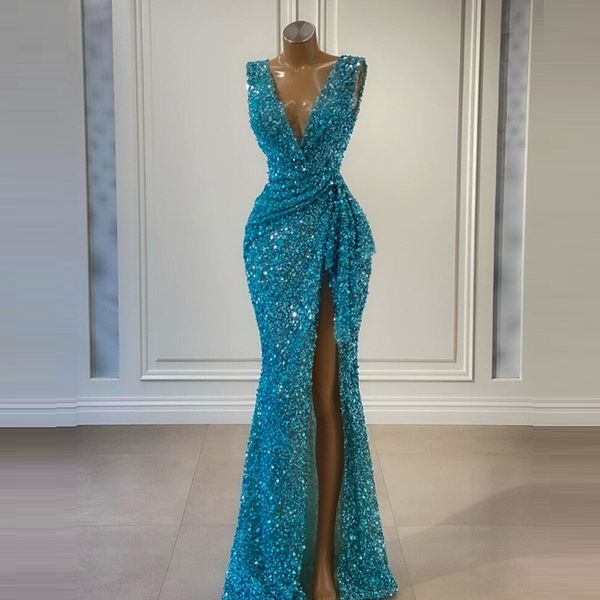 luxury sequined mermaid evening dresses v neck front split floor length prom party dress women formal wear, Black
luxury sequined mermaid evening dresses v neck front split floor length prom party dress women formal wear, Black