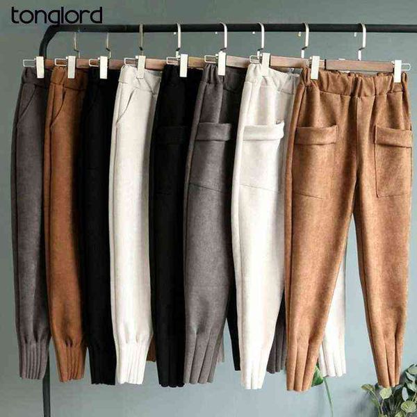 women faux leather suede pant autumn winter female elastic waist warm thick harem casual s trousers 211124, Black;white
women faux leather suede pant autumn winter female elastic waist warm thick harem casual s trousers 211124, Black;white