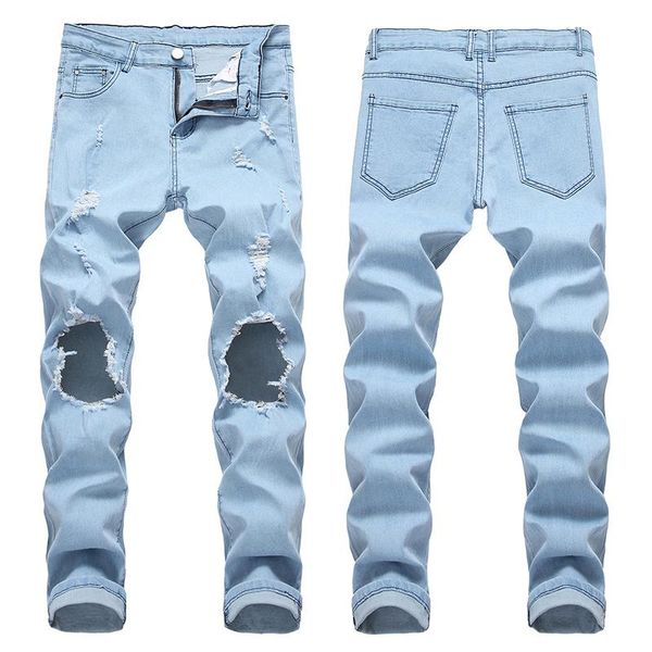 men's jeans washed and distressed trendy brand loose straight casual denim trousers knee big hole, Blue
men's jeans washed and distressed trendy brand loose straight casual denim trousers knee big hole, Blue