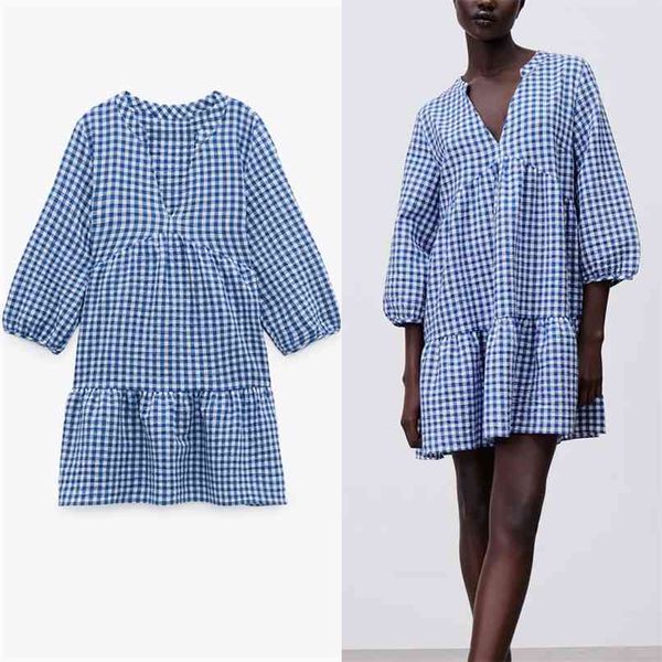 

blue gingham mini dress women long puff sleeve v neck spring es woman chic plaid flounced hem office 210524, Black;gray